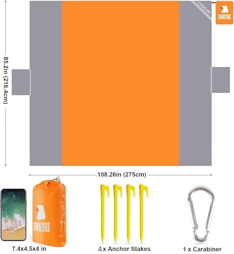 covacure Extra Large Beach Blanket Sandproof Waterproof - 108"x85" for 7-8 Adults, Oversized Beach Mat with Zipper Pockets, Lightweight Outdoor Accessories for Camping, Travel (Orange-M, 108"x85.2") - color: Orange 108"x85"