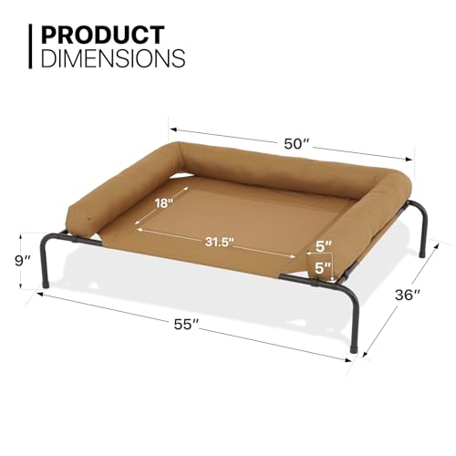 MoNiBloom Outdoor Elevated Dog Bed w/Removable Bolster, Portable Raised Outdoor Dog Bed with Stable Anti-Slip Feet & Breathable Mesh, 55 Inches Length, Light Brown - color: Light Brown, size: 55"L