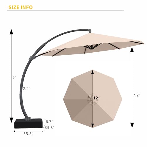 Kingdura 12ft Offset Cantilever Patio Umbrella with Base Included, Large Round Aluminum Outdoor Umbrella, 360° Rotation & Infinite Tilt, Heavy Duty Frame for Deck Pool Backyard, Beige - color: Beige, size: 12 FT