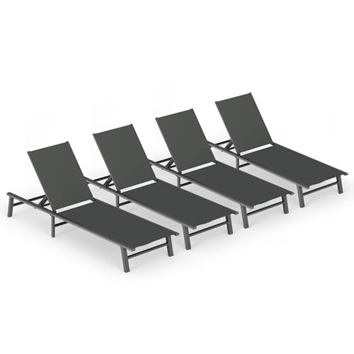 Ciokea Foldable Outdoor Lounge Chair Set of 4, No Assembly Aluminum Chaise Lounge Outdoor with 5-Positions, Aluminum Pool Lounge Chairs with Portable Design for Poolside, Beach, Deck, Patio, Grey - color: Grey-upgraded, size: 4 Packs