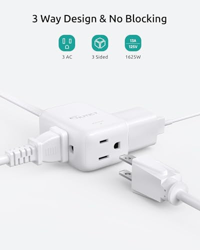 NUTICT Outlet Cover Extension Cord Long 10ft, 3 Outlets Indoor Flat Extension Cord & Ultra-Thin Flat Wall Plug, 900J Surge Protector, 13A/1625W, ETL Listed, Behind Bed Couch Dresser Furniture, White - color: White, size: 10ft(3 Prong Plug), style: for Sta