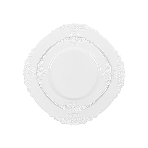 PLASTICPRO 32 Pack Elegant Disposable Plastic Plates Combo Set Includes 16 Dinner Plates and 16 Salad Heavy Duty Fancy Party Plates White Embossed Victorian Design - color: White Embossed