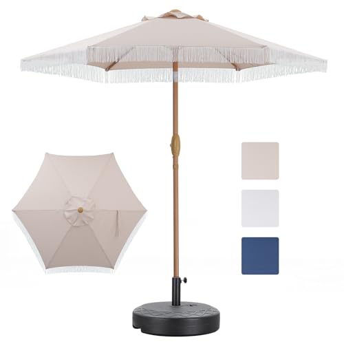 GDY 7.5 ft Tassel Patio Umbrella, Fringe with Umbrella Base - Stylish Beach, Pool, and Yard Umbrella for Ultimate Outdoor Decor, Khaki - color: Camel, size: Umbrella+Base