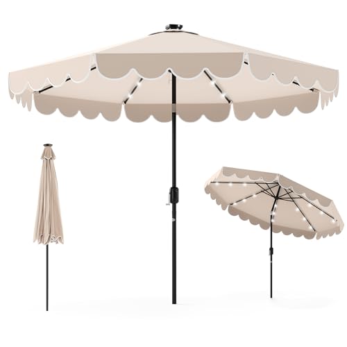Tangkula 9 FT Solar Patio Umbrella, 2-Tiers Scalloped Outdoor Table Market Umbrella with 32 LED Lights, Vented Top, Tilt Adjustment, Crank, 8 Ribs for Backyard Poolside Deck Beach Lawn (Beige) - color: Beige, size: 9Ft