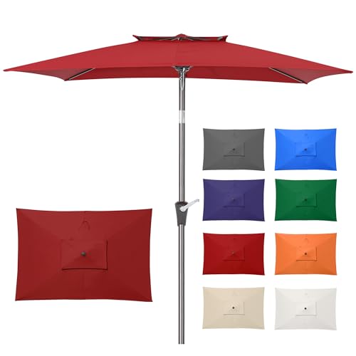 6.6 x 10 ft Rectangular Patio Umbrella, Outdoor Market Table Umbrella with Push Button Tilt and Crank, Double-Tier Vent, 6 Ribs, Rectangle Patio Umbrella for Backyard, Deck, Pool, Fits 4–6 Chairs and Tables (Wine Red) - color: Wine Red