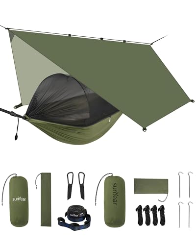 Sunyear Camping Hammock with Net - Double&Single Hammock with House-Like Net- Easy Setup & Pack, Lightweight & Portable, Perfect for Hiking, Backpacking, Outdoor Sleeping - color: Usa Green Bundle, size: 106"L x 55"W