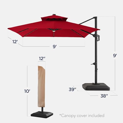 Best Choice Products 9x12ft LED Cantilever Patio Umbrella w/Base Included & 360° Rotation, Large Solar Offset Hanging Outdoor Sun Shade for Deck, Backyard Table w/Stand & Lights – Red - color: Red, size: 9x12ft