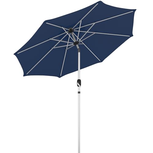9FT Aluminum Outdoor Patio Umbrella, Fade-Resistant Market Umbrella with Push Button Tilt Function, 8 Sturdy All-Aluminum Ribs for Gardens, Patios, Backyards & Pools - color: Navy Blue, size: 9FT-1Tier (Aluminum Umbrella)
