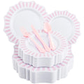 COLOSUS 150pcs Disposable Pink and White Stripped Plastic Plates and Silverware set, Light Pink Dinner/Dessert Plates silverware serve 30guests for Easter Day, Wedding Party and Daily use. - color: White+Pink