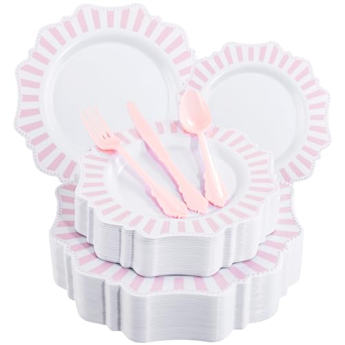 COLOSUS 150pcs Disposable Pink and White Stripped Plastic Plates and Silverware set, Light Pink Dinner/Dessert Plates silverware serve 30guests for Easter Day, Wedding Party and Daily use. - color: White+Pink