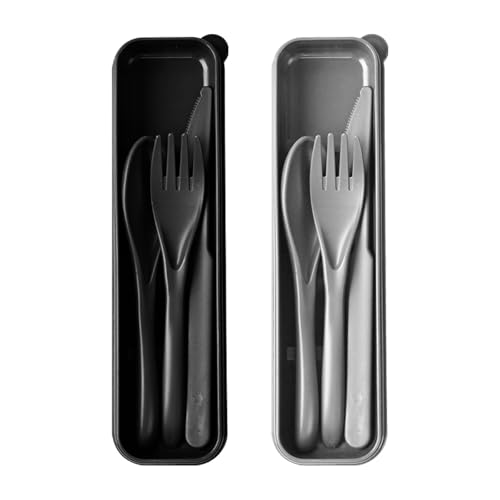 Travel Utensils with Case, 2 Sets Reusable Utensils Set with Case, Wheat Straw Utensils for Lunch Box Accessories, Camping Utensil Set for School Work Lunch or Daily Use（Black, Grey） - color: Black, Grey