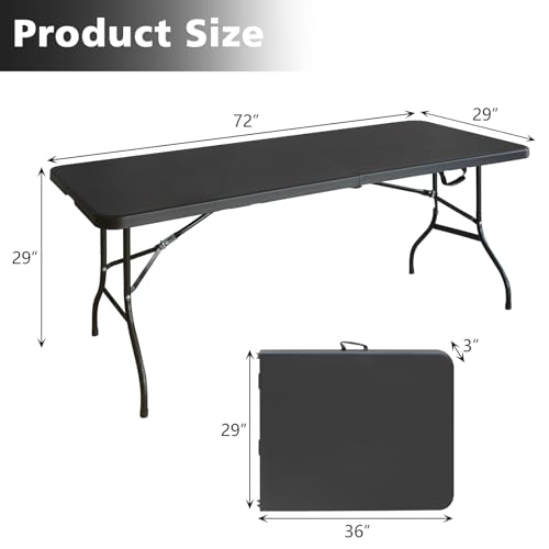 Portable 6Ft Folding Table, Heavy Duty Plastic Fold-in-Half Utility Foldable Dining Table, Multi-Purpose Plastic Folding Table with Carrying Handle for Camping and Party Indoor/Outdoor (Black) - color: Black, size: 6Ft