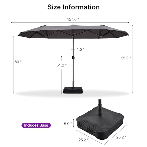 PURPLE LEAF 13ft Patio Market Umbrella with Base Double-Sided Rectangle Outdoor Table Sun Umbrellas with Crank 12 Heavy Duty Sturdy Ribs for Pool Beach Deck Backyard Gray - color: Gray, size: 13' X 7'