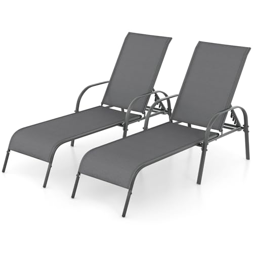 Giantex 2 Pack Patio Lounge Chair, Outdoor Chaise Lounge with 5 Adjustable Backrest, Sturdy Steel Frame, Sunbathing Recliner, Tanning Chair for Beach, Outside, Yard, Balcony, Pool Chairs (2,Dark Gray) - color: Dark Gray