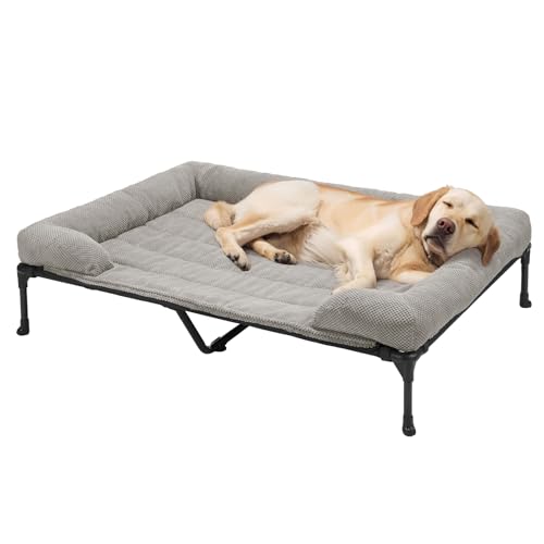 Veehoo Cooling Elevated Dog Bed Add Removable Corduroy Bolster Cushion Mat, 53" x 33" Washable Dog Couch Bed, Raised Pet Cot with Breathable Teslin Mesh, No-Slip Feet, Grey, CWC2439D