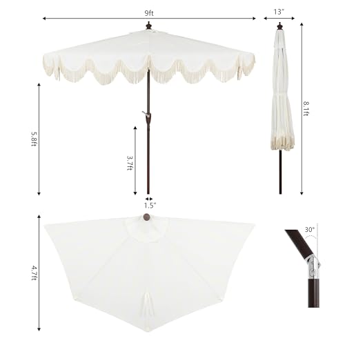 JONATHAN Y Half Umbrella UMB1201D Beverly 9 ft. Designer Classic Scalloped Fringe Market Patio with Crank, Push Button Tilt and UV Protection in Cream/White - color: Cream/White