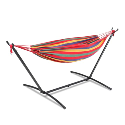 Athena Collection Double Hammock with Stand for Outside, Heavy-Duty Steel Stand 250 Lbs Weight Capacity, Portable Outdoor Hammock Swing with Carry Bag for Indoor, Outdoor, Backyard, Red Yellow - color: Red Yellow