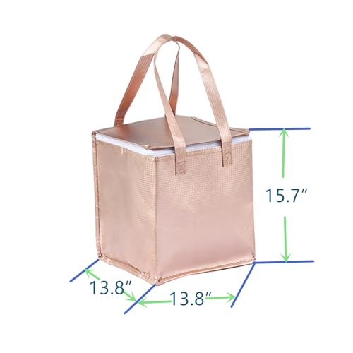13.8×13.8×15.8" Reusable Insulated Zipper Aluminum Foil Tote Bag Suit for Picnic Cake FruitDrink Refrigeration Also for Delivery of Takeaway Thermal Pizza Insulated Delivery (Laser Rose Gold) - color: Laser ROSE GOLD, size: 13.8×13.8×15.8"