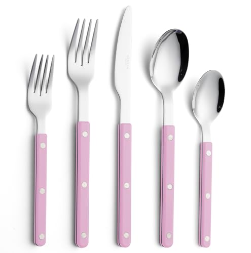 ANNOVA Silverware Set, Retro/Rivet Colorful Stainless Steel Tableware Kitchen Flatware Set Utensils, Includes Dinner Knives, Forks, Spoons, Salad Forks & Dessert Spoons (Light Pink, 10 Pieces) - color: Light Pink