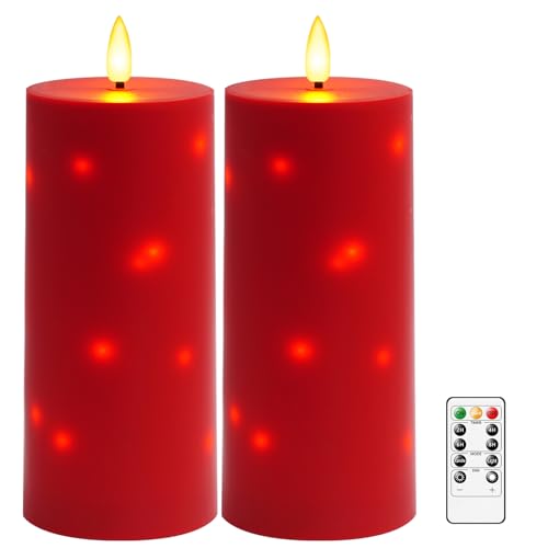 kakoya 10" x 4" Large Outdoor Waterproof Flickering Flameless Candles with Timer,2Pcs Battery Operated LED Pillar Candles with Embedded Star String for Outdoor Lanterns,Porch,Patio Decor(red) - color: Red, size: 2PCS-D4"xH10"