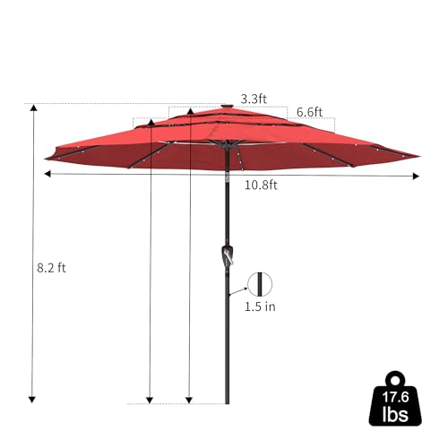 Boyel Living 11ft Patio Umbrella with Solar LED lights Outdoor Umbrella with Tilt Outdoor Large Table Market Umbrella for Poolside Deck Garden Backyard - color: Red