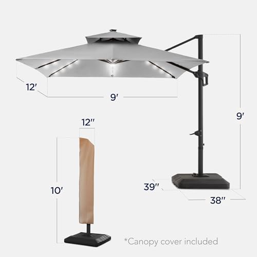 Best Choice Products 9x12ft LED Cantilever Patio Umbrella w/Base Included & 360° Rotation, Large Solar Offset Hanging Outdoor Sun Shade for Deck, Backyard Table w/Stand & Lights – Fog Gray - color: Fog Gray, size: 9x12ft