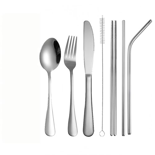 7pcs Travel Utensils with Case,Portable Silverware Set for Work, Stainless Steel Reusable Travel Cutlery Set, Fork and Spoon Set for Camping, Picnic, Gadgets, Lunch Box for Men, Black - color: Silver