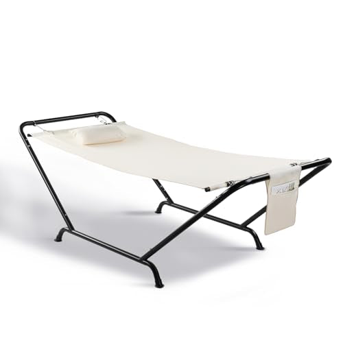 ONCLOUD Freestanding Hammock with Stand, 600LBS Heavy Duty Outdoor Hammock, Cofy Outdoor Hammock with Stand, Hammock Bed for Yard, Deck, Patio, Hammock with Soft Pillow & Storage Bag (White) - color: White