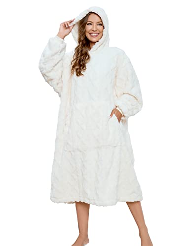 Oversized Sherpa Wearable Blanket Hoodie for Women Men,Long Comfortable Sherpa Blanket Sweatshirt Shaggy Pullover Plush Warm Cozy Blanket One Size Fits All (Jacquard Cream, One Size) - color: Jacquard Cream