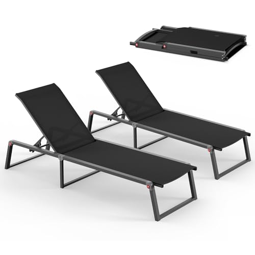 Aluminum Chaise Lounge Chair Outdoor, Foldable& No Assembly Patio Pool Lounge Chairs 5-Position Recliner for Outside, Fully Grounded Legs Sun Lounger for Poolside, Black, 2 Pack - color: Black, size: 2