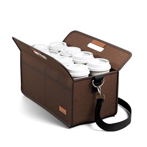 Fluxynara 8-Cup Reusable Felt Drink Carrier with Handle and Adjustable Shoulder Strap, Drink Holder for Car, Multi-Cup Drink Carrier Bag for Delivery, Travel, Picnics (Coffee Brown) - color: Coffee Brown, size: 8 Cups