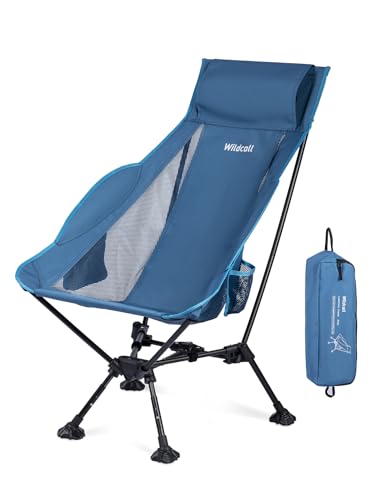 WildCall Lightweight Folding High Back Camping Chair with Head Support, Compact Beach Chair with Anti-Sinking Large Feet and Three Tilt Angles Adjustment - color: 1 X Blue High Back