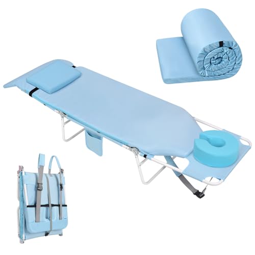 3 in 1 Women Comfort Backpack Beach Tanning Lounge Chair with Cushion Face Hole Softer Padded Adjustable Washable, Folding Layout Sun Chair for Adults Outside Reading Sunbathing Poolside, 6 Position - color: Light Blue / 1 Pack