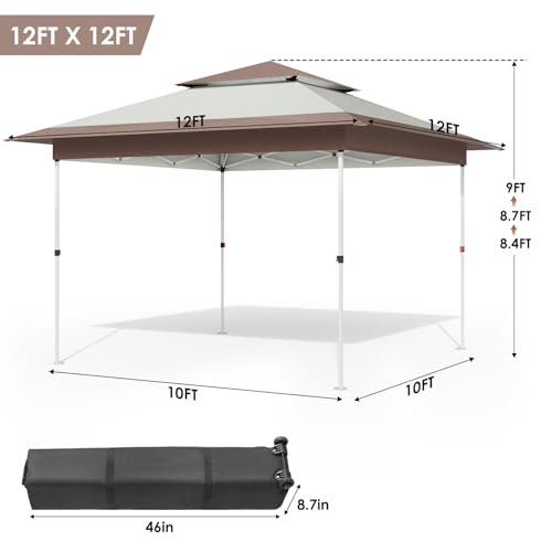 TLSUNNY 12X12 Pop Up Canopy Tent, Camping Shader W/Overhanging Eaves & Sand Bag, Outdoor Gazebo Shelter W/One Push Setup & Wheeled Bag, Height Adjustable, for Patio, Market, Party (Khaki, 12FTX12FT) - color: Khaki, size: 12FTX12FT