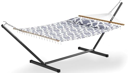 Garvee 57" Double Hammock with Heavy Duty Stand – 2 Person Hammock, Widening Cotton Fabric Design, 450 LB Capacity for Indoor & Outdoor Use (Light Grey) - color: Light Grey