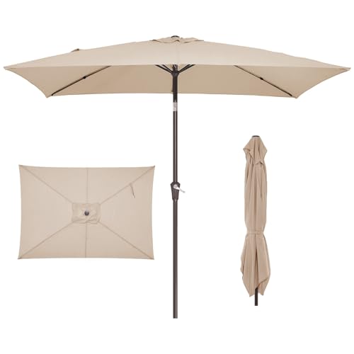 JEAREY 6.5x10 ft Rectangular Patio Umbrellas Rectangle Outdoor Umbrella with Push Button Tilt and Crank, Market Table Umbrella 6 Sturdy Ribs UV Protection for Poolside Garden Backyard Deck, Beige - color: Beige