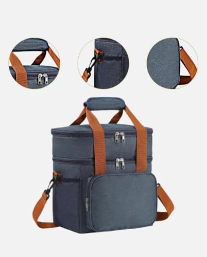 Double Layer Cooler Bag – Leakproof Thermal Food Storage Tote with Shoulder Strap – Large Capacity for Work, Travel, or Picnic – Available in Gray, Black & Navy Blue - color: Blue