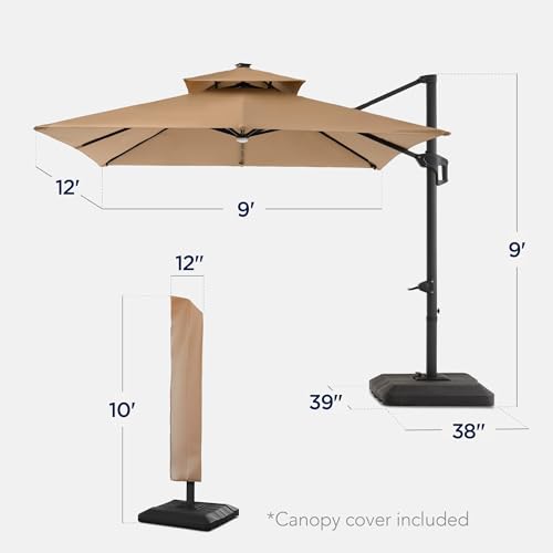 Best Choice Products 9x12ft LED Cantilever Patio Umbrella w/Base Included & 360° Rotation, Large Solar Offset Hanging Outdoor Sun Shade for Deck, Backyard Table w/Stand & Lights – Tan - color: Tan, size: 9x12ft
