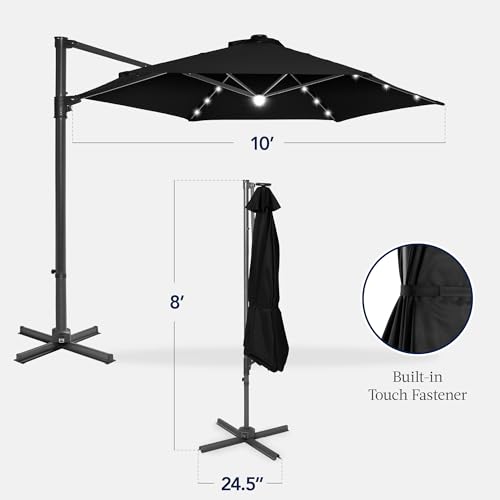 Best Choice Products 10ft Solar LED Offset Cantilever Hanging Market Patio Umbrella, Smooth 360° Rotation, 8 Sturdy Ribs, Easy Adjustment - Black - color: Black, size: Offset w/ 360° Rotation