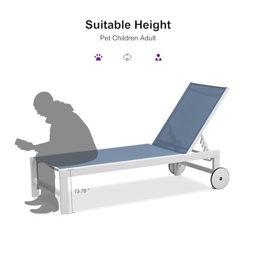 PURPLE LEAF Outdoor Chaise Lounge Chairs Set of 2 White Aluminum Lounge Chair Five-Position Adjustable Chaise with Wheels and Table for Pool Deck Patio, Indigo - color: Indigo, style: Standard Straight-leg