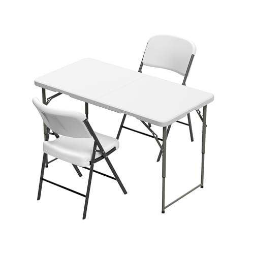 Elevon Folding Table Set with 2 White Folding Chairs,4 Feet Heavy Duty Fold-in-Half Utility Table Sets for Picnic, Event, Training, Outdoor Activities, at Home and Commercial Use - size: 4 feet, style: With 2 Chair