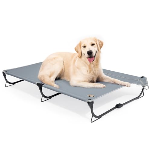 CANINE CANYON Daisy Cot, Large Foldable Elevated Dog Bed, Portable Raised Outdoor Folding Dog Cot, Cooling, Chew Proof, Waterproof, Heavy Duty Up to 160 lbs for Camping/Home, Grey, 43"x 27"x7" - color: Gray, size: Large