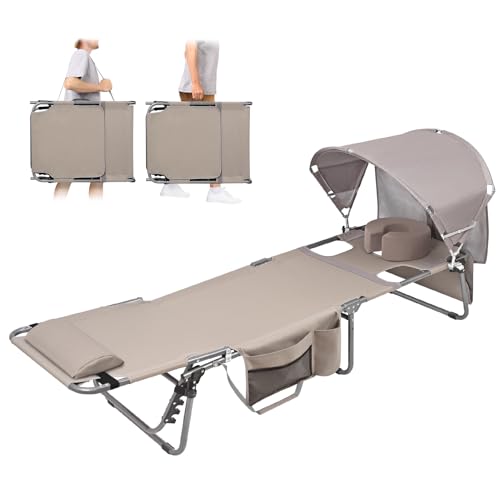 Tanning Chair with Sun Canopy Face Hole Softer Padded Adjustable Washable, Heavy Duty Layout Folding Lounge Chair for Adults Outside Beach Reading Sunbathing Poolside Lawn, UPF 50+ Sun Shade, 300 LBS - color: Beige, size: Standard Size
