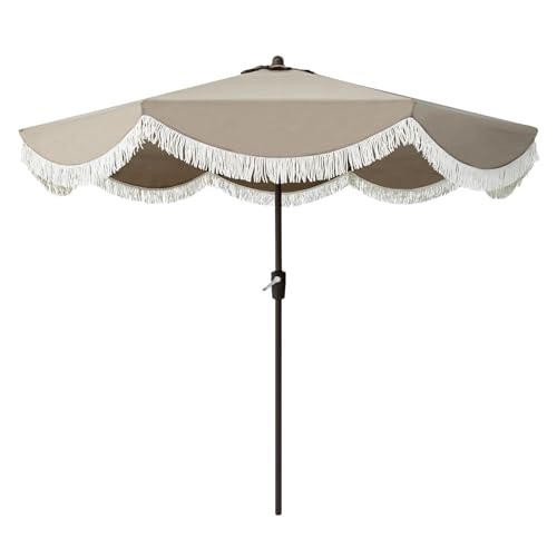 Tempera 9ft Auto Tilt Scalloped Patio Umbrellas with Fringe, Outdoor Table Umbrellas with Fade Resistant Canopy, 8 Sturdy Rids, Luxurious Vintage Umbrellas for Lawn, Pool, Deck, Balcony - color: Khaki Tassels, size: 9 FT