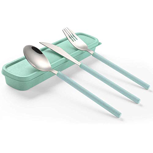 Portable Home Utensils Reusable Flatware Set with Case, Portable Utensils Set With Case Wheat Straw Utensils Travel Cutlery Set Reusable Flatware 3 PCs Fork Spoon Knife With Colored Handle(Green) - color: M Green