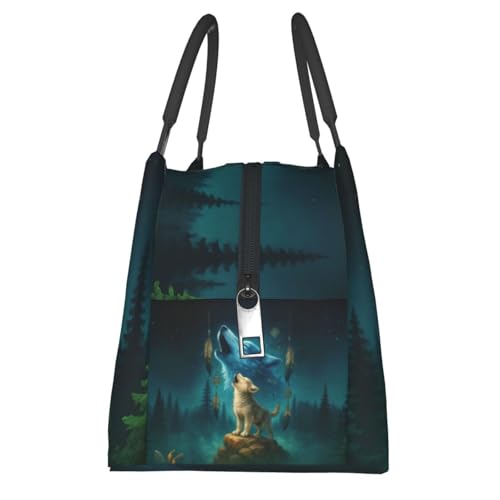Mystic Wolf Reusable Lunch Box,Mystical Night Forest and Animal Lunchbox for Men Boys,Insulated Lunchbag,11in*6.3in*6.7in,Gifts Makeup Bag,Portable Handbag for Picnic Work Travel Hiking - color: Wolf