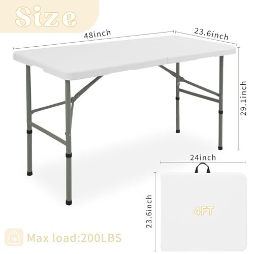 Set of 2 Folding Table 4FT Camping Table Portable Heavy Duty Plastic Rectangular Outdoor Dining Table Steel Legs Fold-in-Half with Carrying Handle for Indoor,Picnic,Party,Wedding,Events(White) - color: White