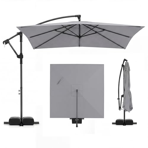 Tangkula 8x8 FT Patio Umbrella with Base Included, Square Offset Cantilever Outdoor Umbrella with 360 Degree Rotation, Crank Handle, Sandbags, 8 Ribs for Pool Deck Garden Backyard - color: Gray, size: 8 FT