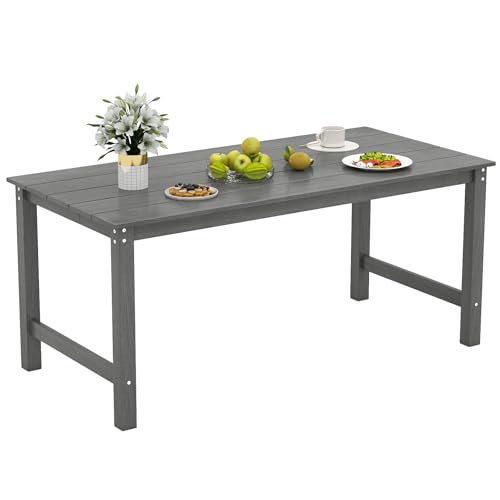 Tangkula HDPE Outdoor Dining Table for 6 Person, 67” Patio Table with Wood-Like Tabletop and Umbrella Hole, Weather-Resistant Rectangle Table for Garden, Backyard and Poolside (Gray, 1 Table) - color: Grey, size: 1 Table