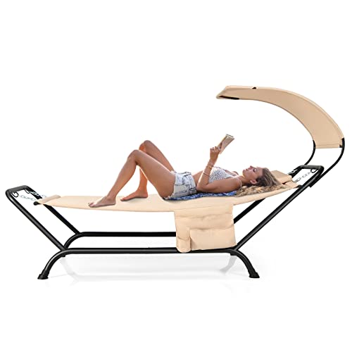 Tangkula Hammock with Stand Included, Heavy Duty Outdoor Hammock with Adjustable Canopy, Rustproof Metal Stand, Pillow, Storage Pocket, Hammock Bed with Stand for Backyard Lawn Poolside (Beige) - color: Beige
